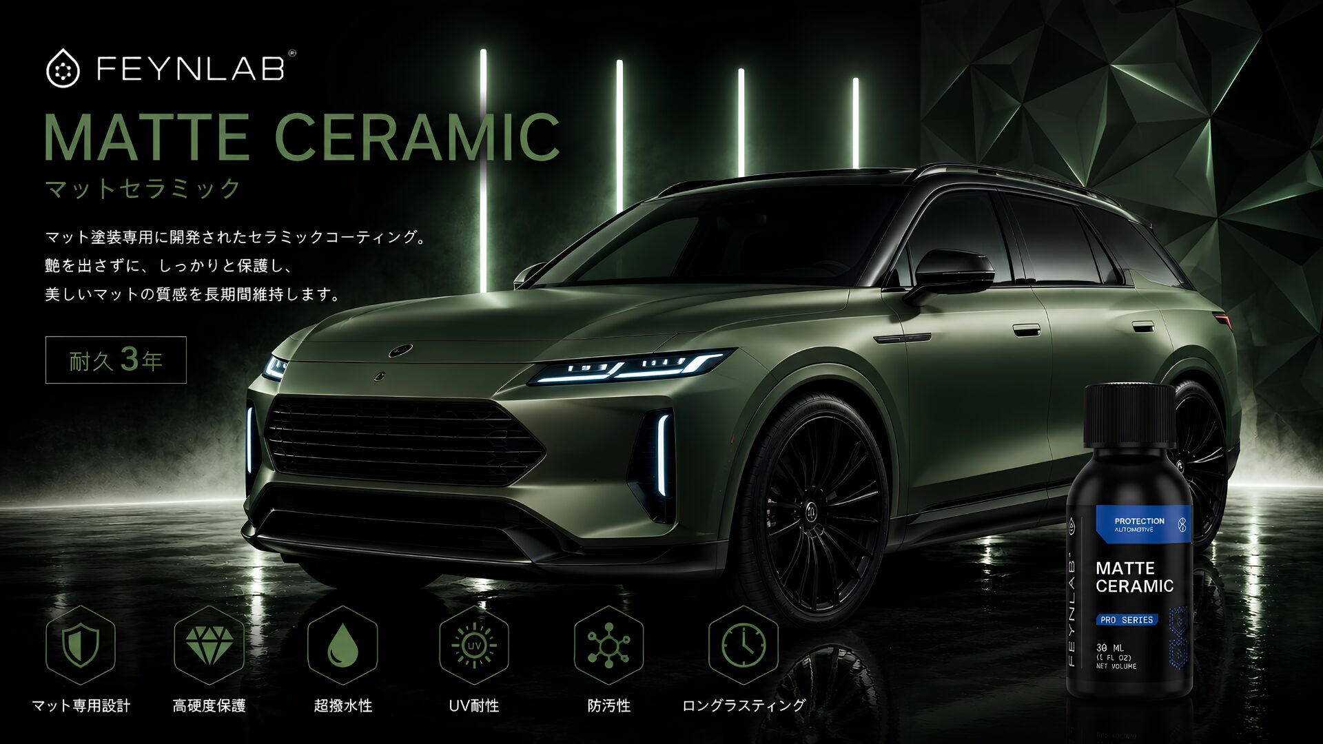 FEYNLAB MATTE CERAMIC。マット塗装・マットラッピング専用に開発されたセラミックコーティング。艶を変えずに防汚性・超撥水性・耐久性を高め、美しいマット質感を長期間維持します|石川県 カーコーティング